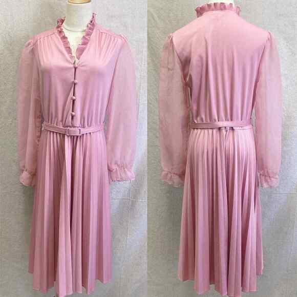 Vintage 70's/80's Montgomery Ward pink accordian pleat belted midi dress Medium‎